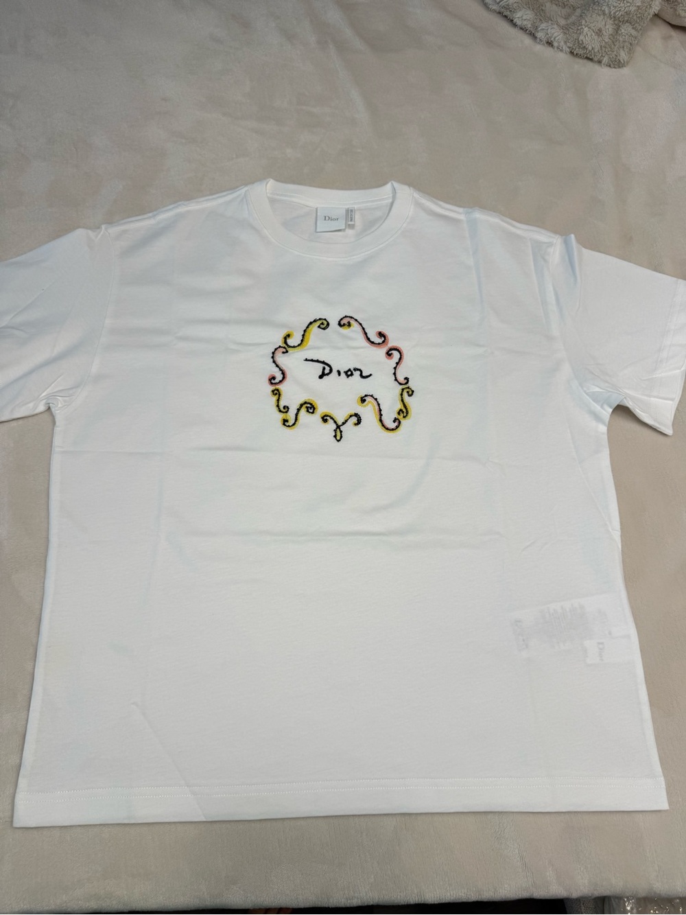 Dior White Crewneck T-Shirt with Multicolor Embroidered Motif